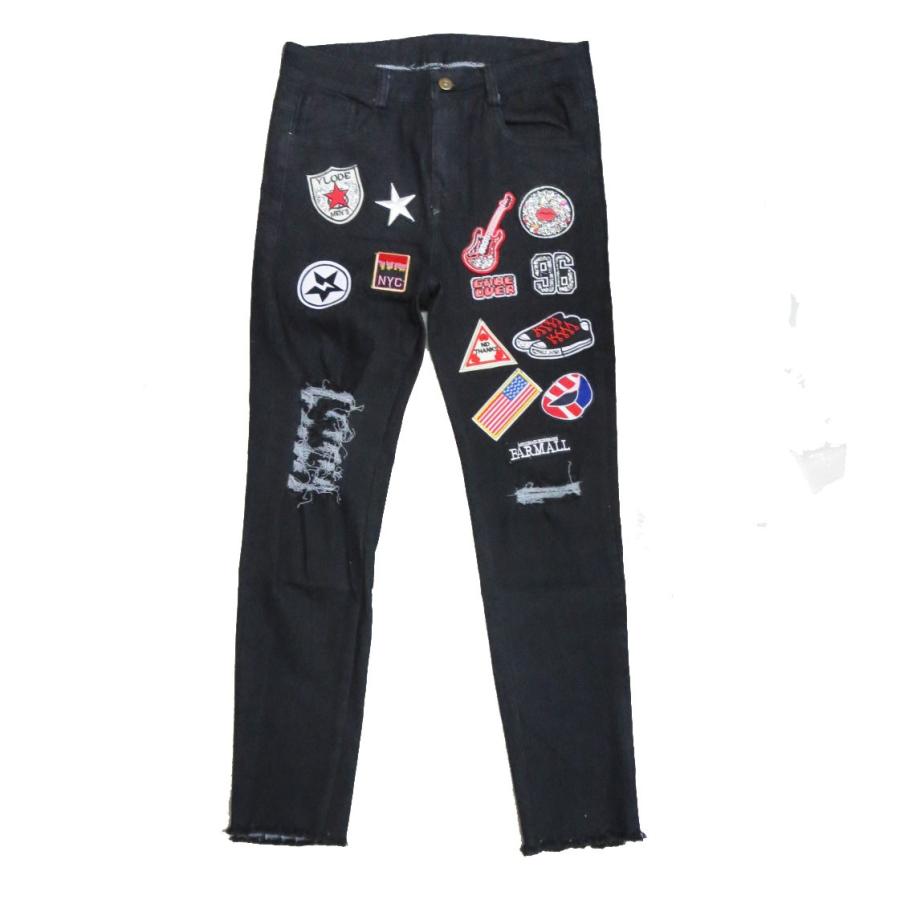 クラッシュ加工 ワッペン付きデニムパンツ B系 ストリート系