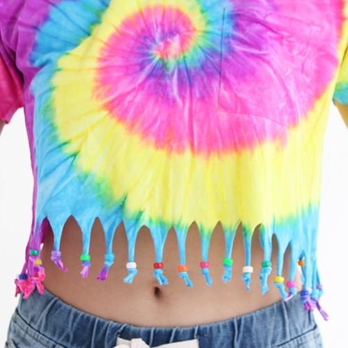 蛍光タイダイ ビーズ付きフリンジTシャツ ネオンカラー ダンス衣装