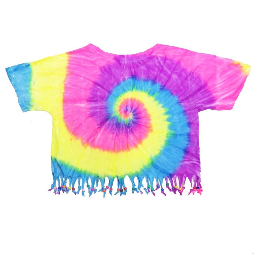 蛍光タイダイ ビーズ付きフリンジTシャツ ネオンカラー ダンス衣装