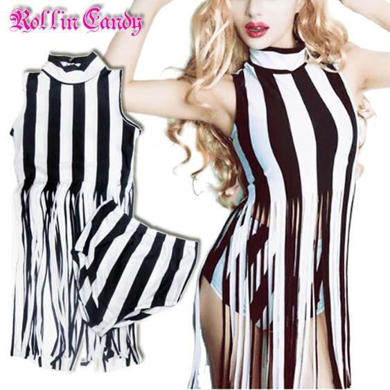 ダンス衣装・ステージ衣装に！モノトーンストライプフリンジロング