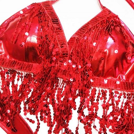赤いスパンコール ベリーダンス プラベルト ダンス衣装・ステージ衣装に！メタリック＆スパンコールフリンジ