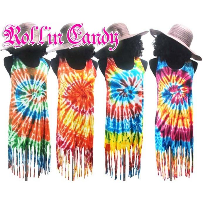ド派手 裾フリンジタイダイワンピース サイケ レイブ レゲエ ダンス ダンサー ギャル系 セレブ 民族系 エスニック アジアン カラフル D76 D79 ローリンキャンディー 通販 Yahoo ショッピング