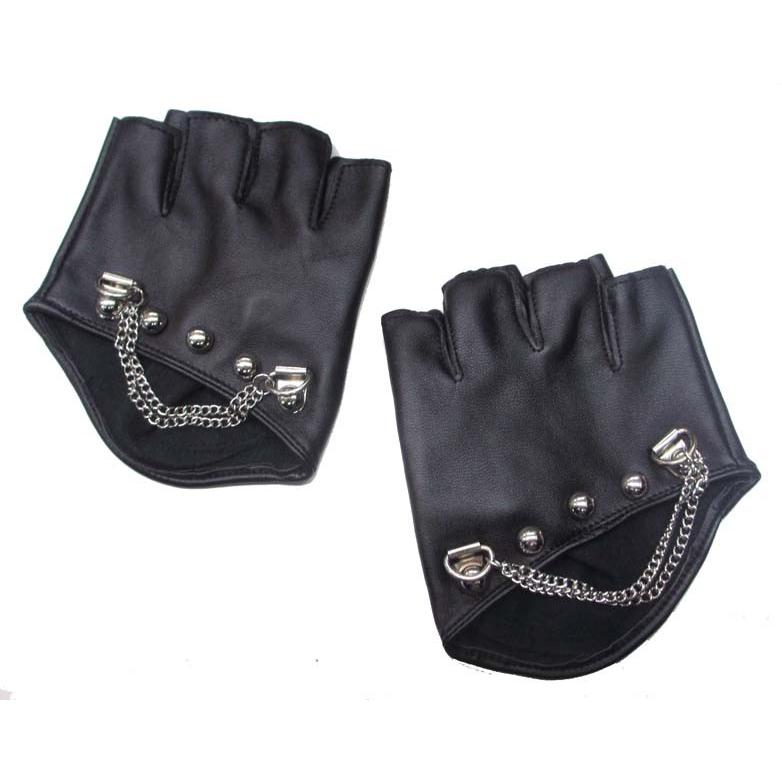黒 レザー 手袋 チェーン付き