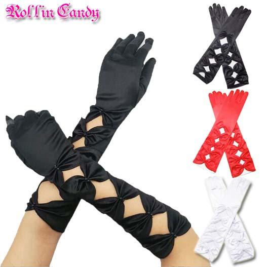 リボン風ギャザー サテン 肘丈グローブ 手袋 光沢 ストレッチ