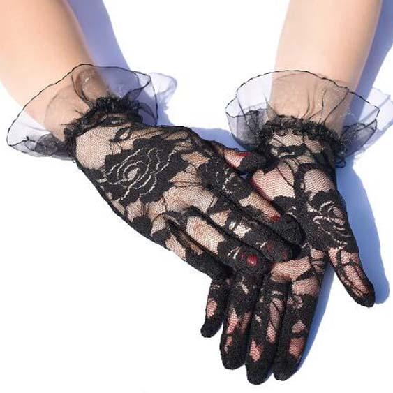 薔薇柄 レース ショート グローブ/手袋 ローズ バラ柄 黒 ブラック