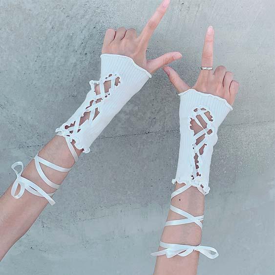 リブ 編み上げ アームグローブ/アームカバー/アームウォーマー/手袋