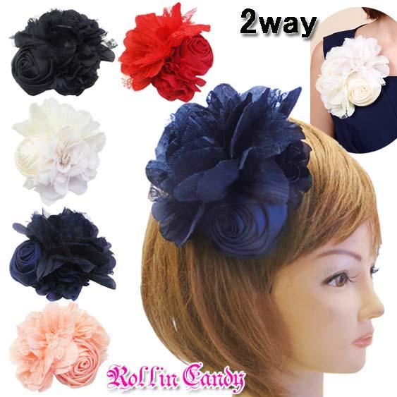 2way 3種の異素材 フラワーヘッドドレス ウェディング コサージュ パーティー ヘアアクセサリー 入学