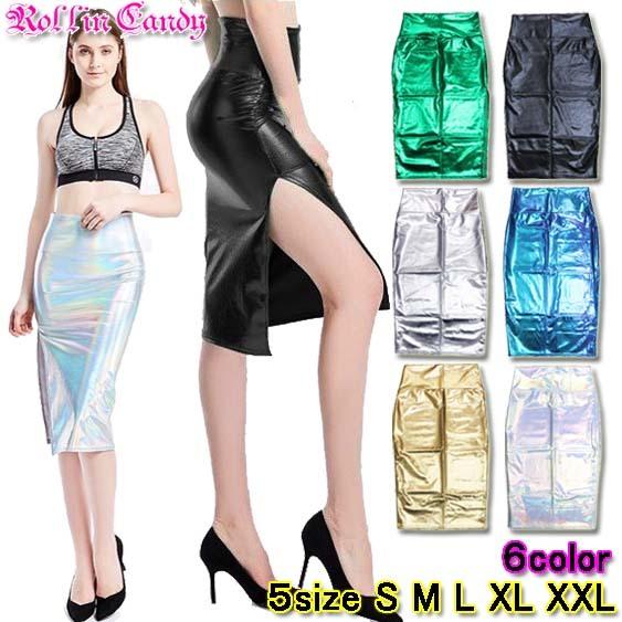 ダンス衣装・ステージ衣装に！メタリック スリット 膝丈 タイト