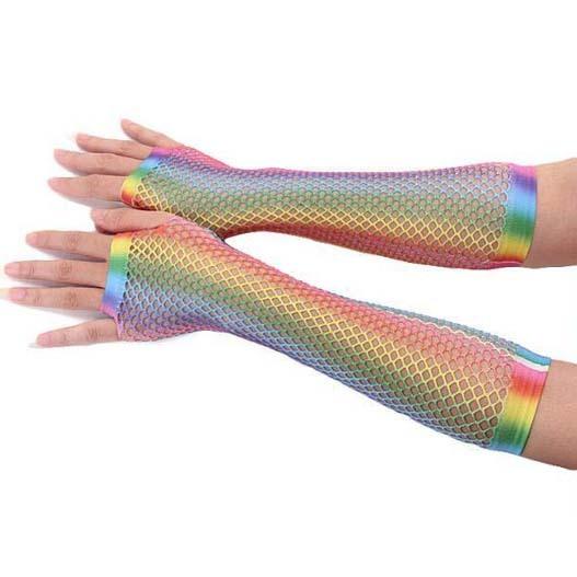 レインボー グラデーション メッシュ グローブ/アームウォーマー(両手分2個セット) 手袋 アームカバー フィッシュネット 派手 指なし ダンス 衣装 |  | 01