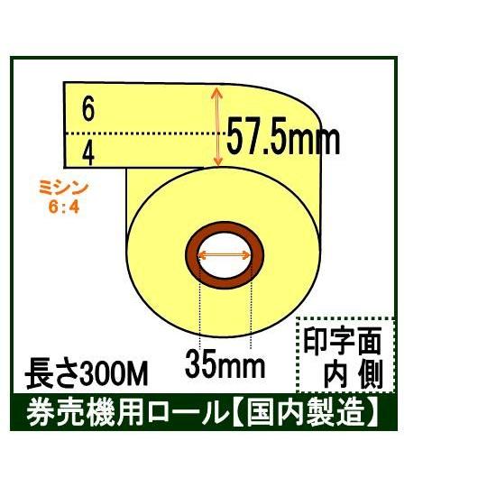 券売機　ロール紙　イエロー　カラーサーマルロール　幅57.5mm　長さ300Ｍ　ミシン6:4　感熱ロール　食券　発券機　６：４　クリーム　チケットロール