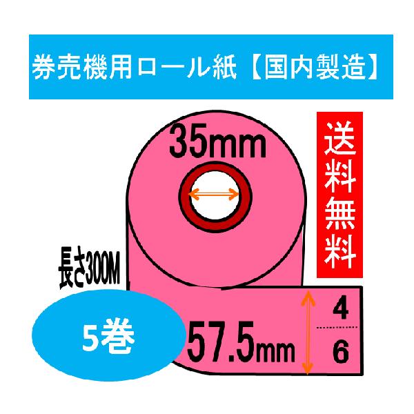 券売機 ロール紙  ピンク ミシン6:4 幅57.5mm 長さ300Ｍ 食券 感熱ロール カラーサーマルロール チケットロール 発券機  6:4【KNS製】