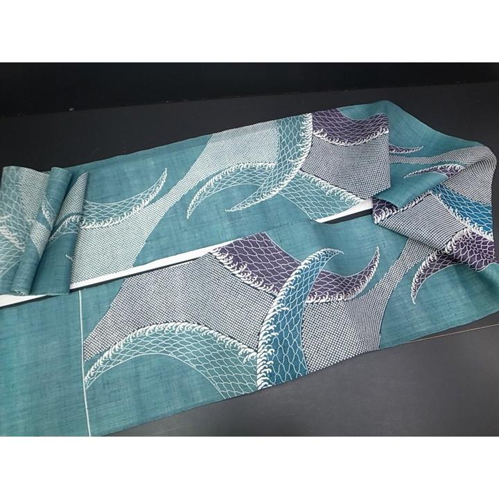 夏 名古屋帯 本大麻帯 和染紅型 栗山吉三郎 本麻 染帯 カジュアル 網代