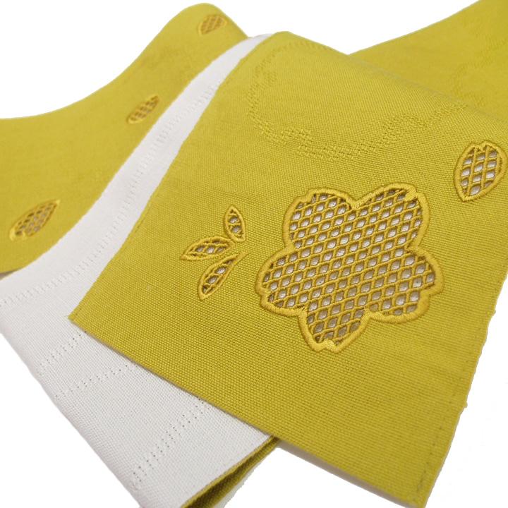 夏 半幅帯 麻 小袋帯 日本製 ドロンワーク 刺繍 桜 仕立て上がり 