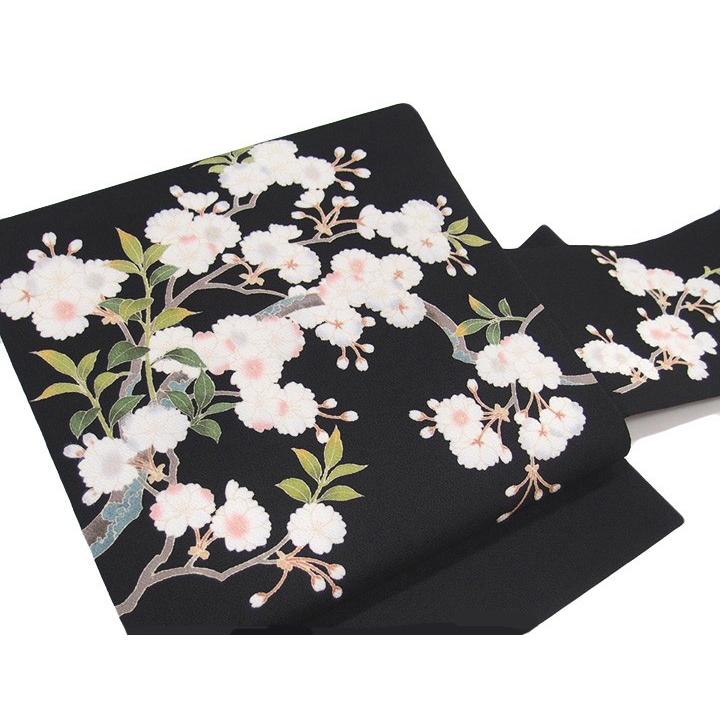 名古屋帯 仕立て上がり 十日町友禅 秀美 九寸帯 正絹 ちりめん カジュアル 桜 花柄 季節問わず 黒 c596s