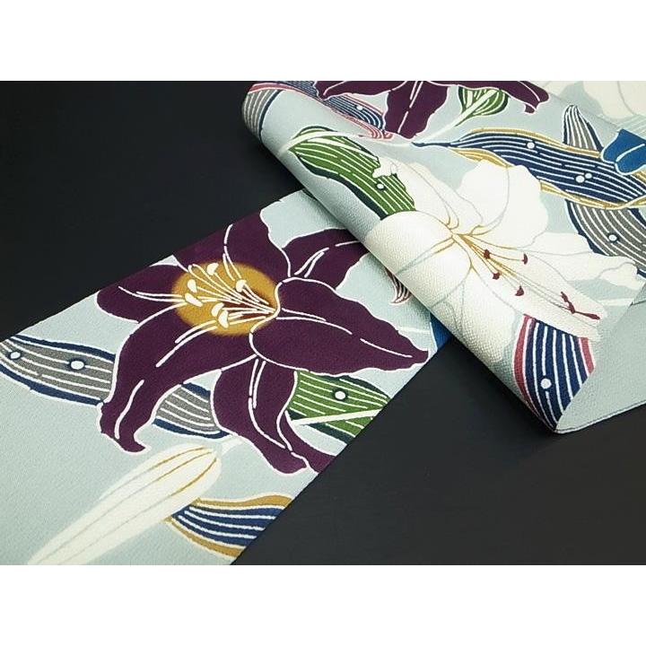 名古屋帯 和染紅型 栗山吉三郎 仕立て上がり 正絹 新品 ユリ 九寸