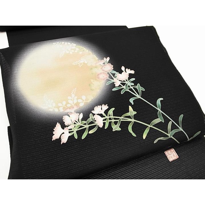 名古屋帯 夏 十日町友禅 秀美 撫子 絽縮緬 正絹 新品 未仕立て 反物 黒 