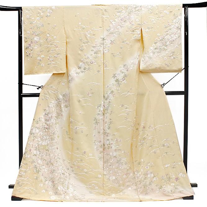 訪問着 手刺繍 正絹 豪華 フォーマル クリームベージュ 古典柄 扇面 