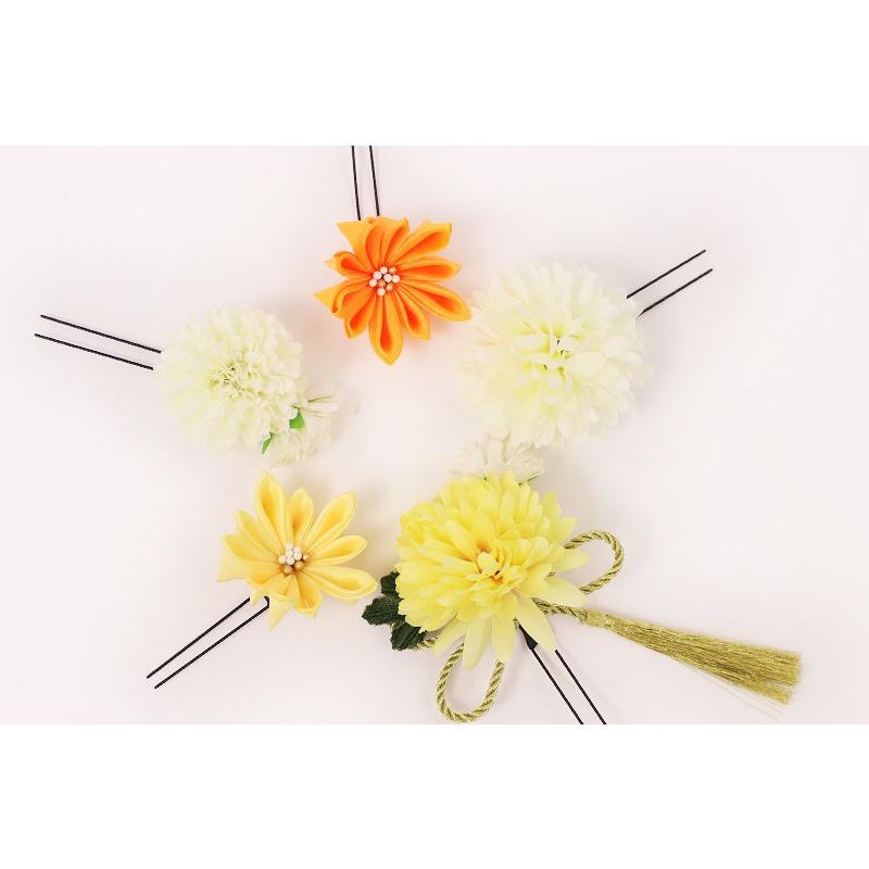 髪飾り 成人式 振袖 袴 ５点セット 黄 大人 浴衣 かんざし 簪 卒業式 フォーマル 結婚式 花飾り ラインストーン つまみ細工 手作り 黄色 o772