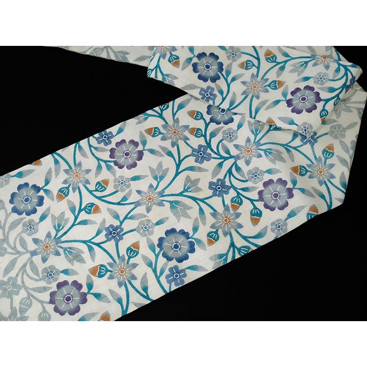 夏帯 名古屋帯 本大麻帯 和染紅型 栗山吉三郎 本麻 花 更紗 白 グレー