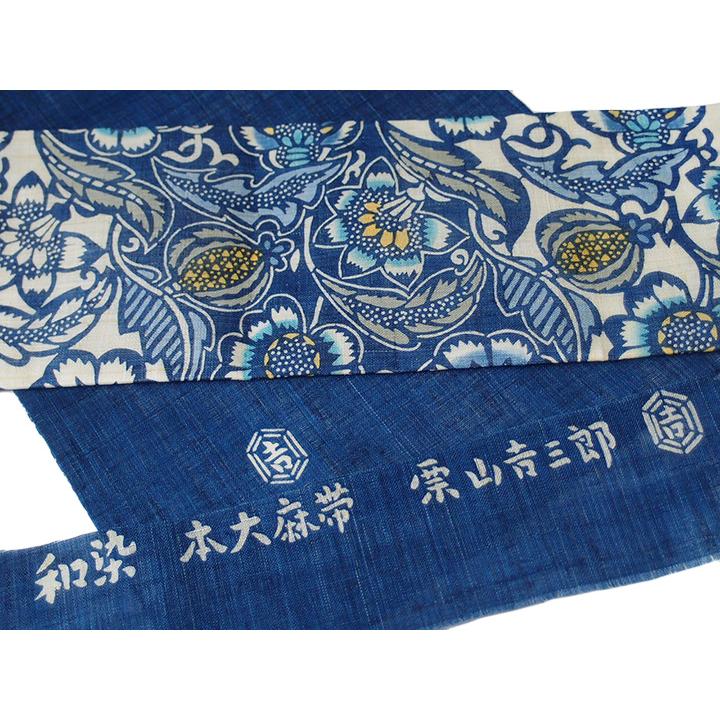 夏帯 名古屋帯 本大麻帯 和染紅型 栗山吉三郎 本麻 昼夜 斜め 更紗 藍