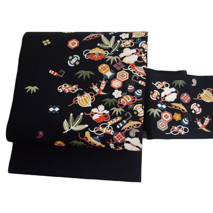 名古屋帯 十日町友禅 秀美 仕立て上がり 正絹 宝尽くし 松竹梅 黒