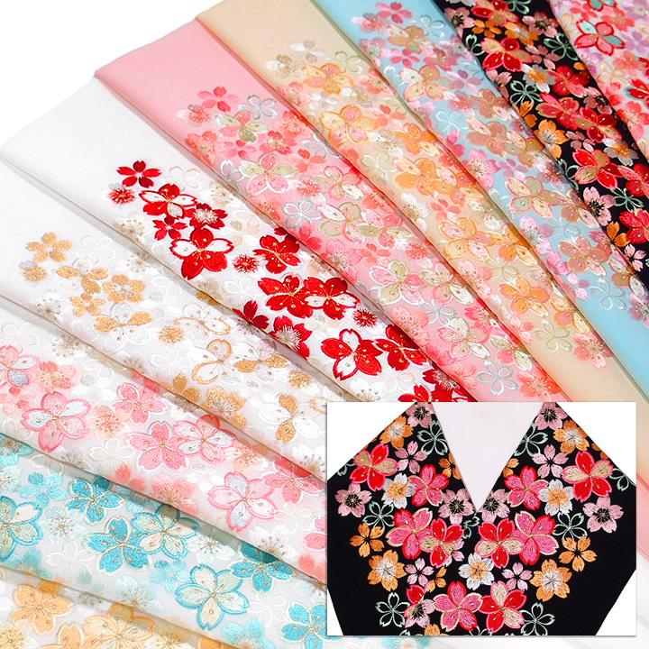 半襟 刺繍 半衿 振袖 成人式 桜 桜尽し 花 白地 黄 桃 金 赤 黒 日本製