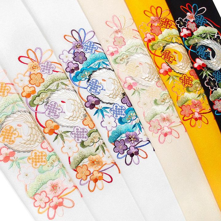 帯揚げ 刺繍 正絹 帯揚 振袖 成人式 飛翔 鶴 松竹梅 縁起柄 白 橙 緑 