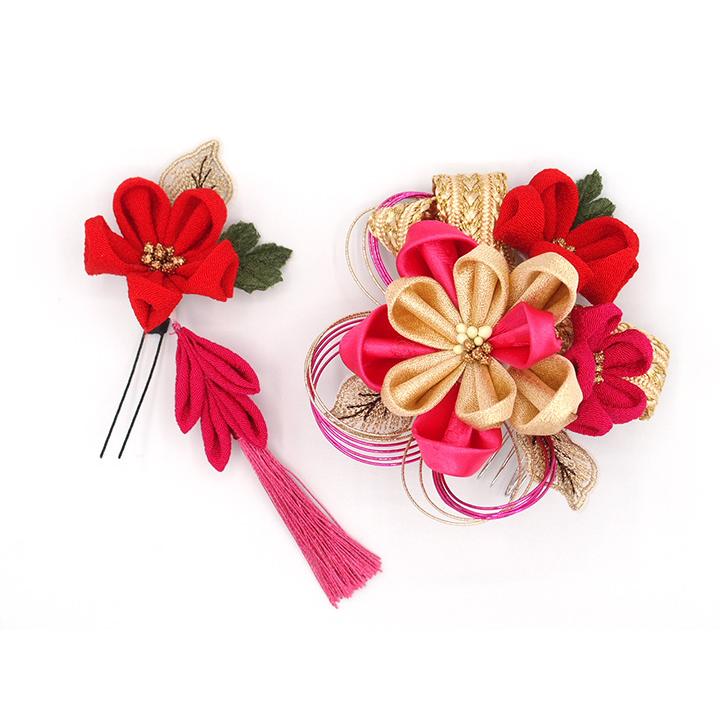 つまみ細工リボン髪飾り　七五三　成人式　浴衣　結婚式 髪飾り 2点セット ピンク 金 つまみ細工 リボン 成人式 花 和風 浴衣