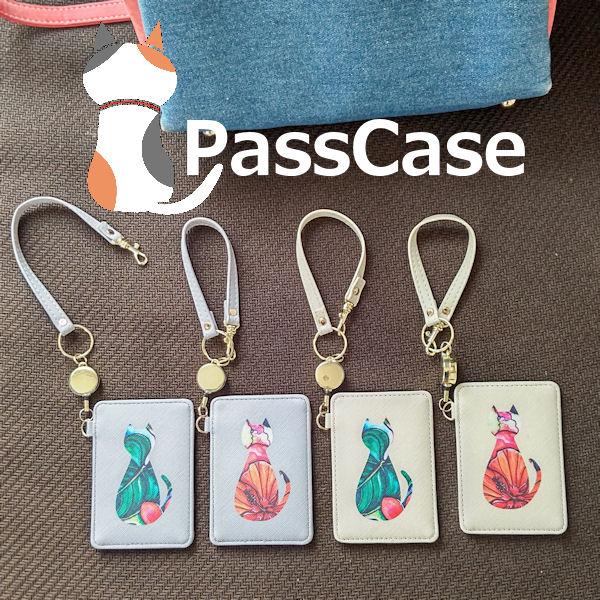 パスケース 定期券入れ 薄型カードケース Pasmo Icカード 入館証入れ 巻き取りリール ストラップ付き レディース 合革 レザー調 キャット かわいい猫顔 以上節約