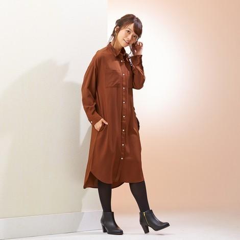 とろみ素材 シャツワンピース ロングワンピース 長袖 レディース