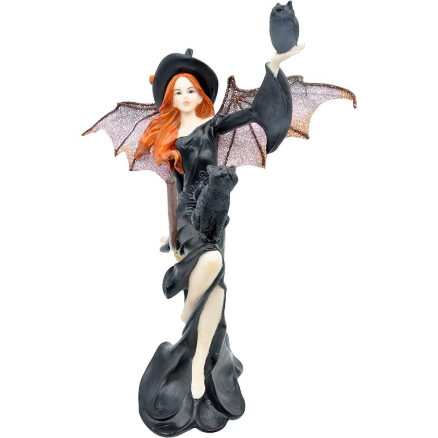 箒(ホウキ)に乗ったダーク・フェアリー魔女と黒い猫 置物彫刻 箒(ホウキ)に乗ったダーク・フェアリー魔女と黒い猫 置物彫刻