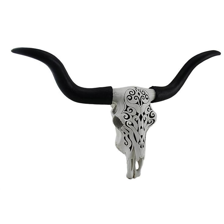 白と黒のデザイン模様のロングホーン/ハンギングスカル頭蓋骨 壁 白と黒のデザイン模様のロングホーン/ハンギングスカル頭蓋骨 壁