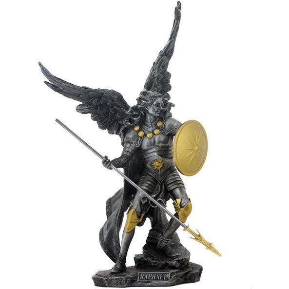 大天使ラファエルの像、ピューター＆ゴールド カラー彫像 彫刻 高さ約34ｃｍ/ カトリック教会 祭壇 洗礼 聖書 福音 クリスマス(輸入品