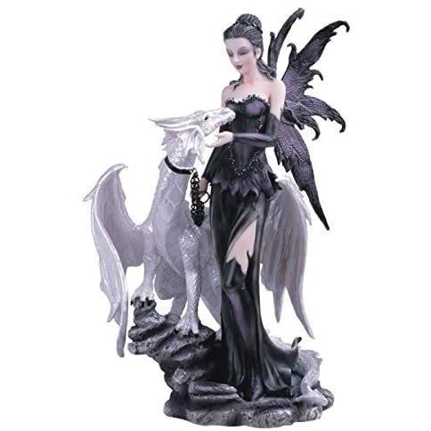 西洋彫刻 ブラック・フェアリー（黒の妖精）とホワイトドラゴン装飾フィギュア彫像  ピクシー(輸入品