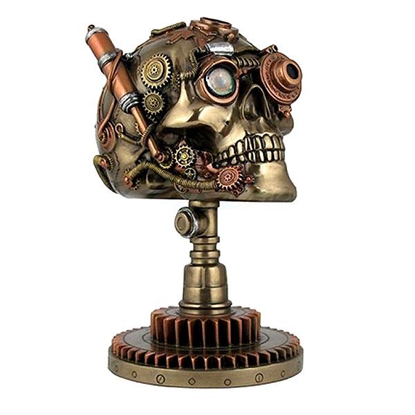 ギアスタンドの付いた スチームパンク スカル（頭蓋骨）彫像