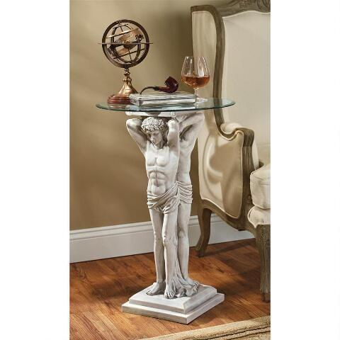 低価格で大人気の デザイン・トスカノ製 彫像（輸入品） テーブル彫刻 人物柱 ガラストップ アトランティス エルミタージュ博物館 サイドテーブル