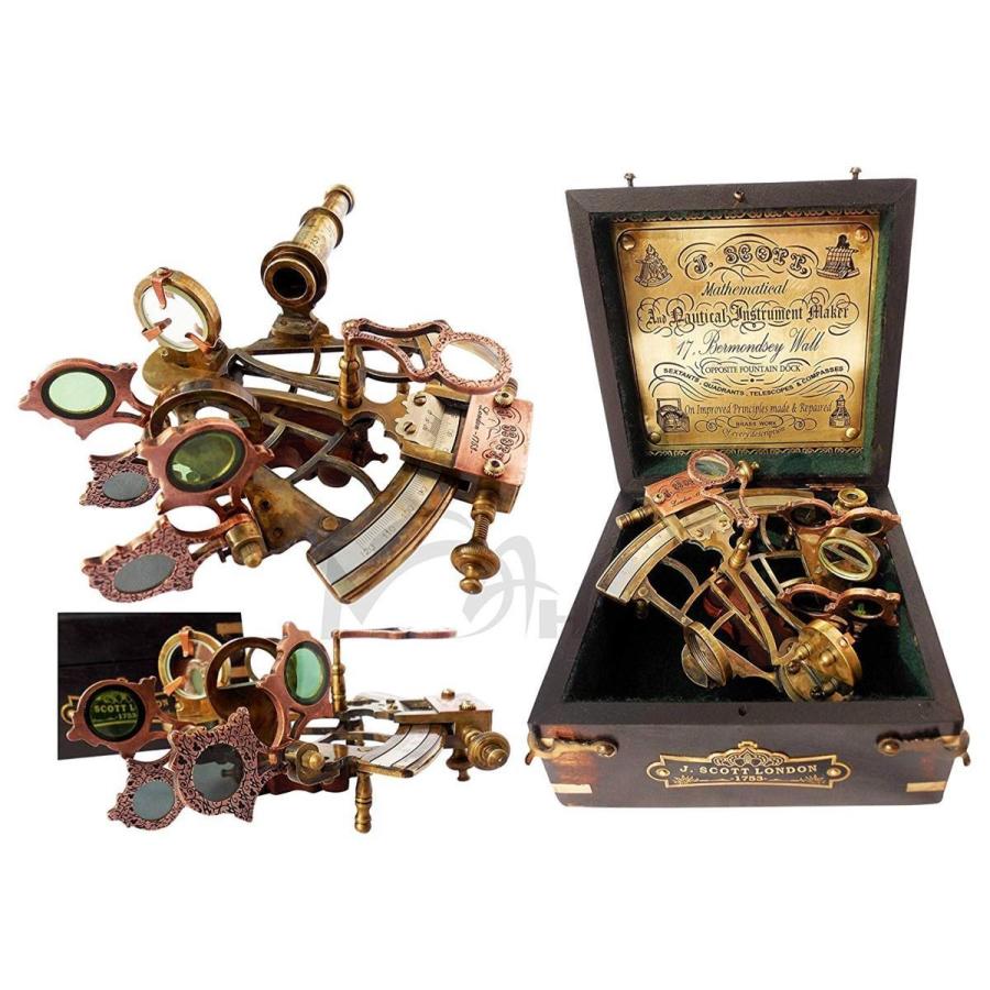 真鍮製 船の航行用 六分儀 ハードウッドボックス(箱)付き 彫刻/ 角距離