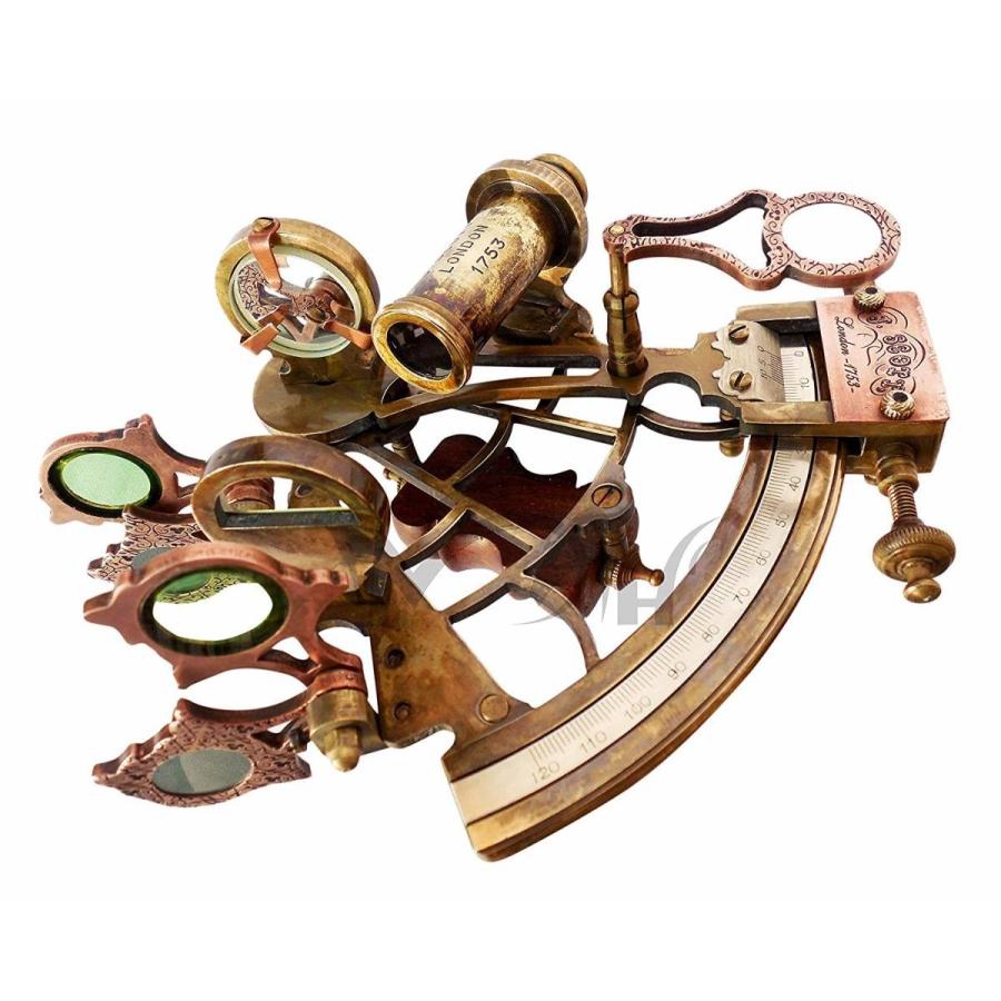 真鍮製 船の航行用 六分儀 ハードウッドボックス(箱)付き 彫刻