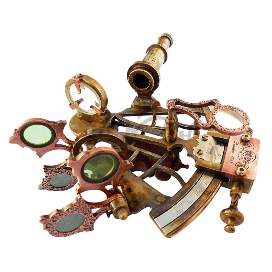 真鍮製 船の航行用 六分儀 ハードウッドボックス(箱)付き 彫刻