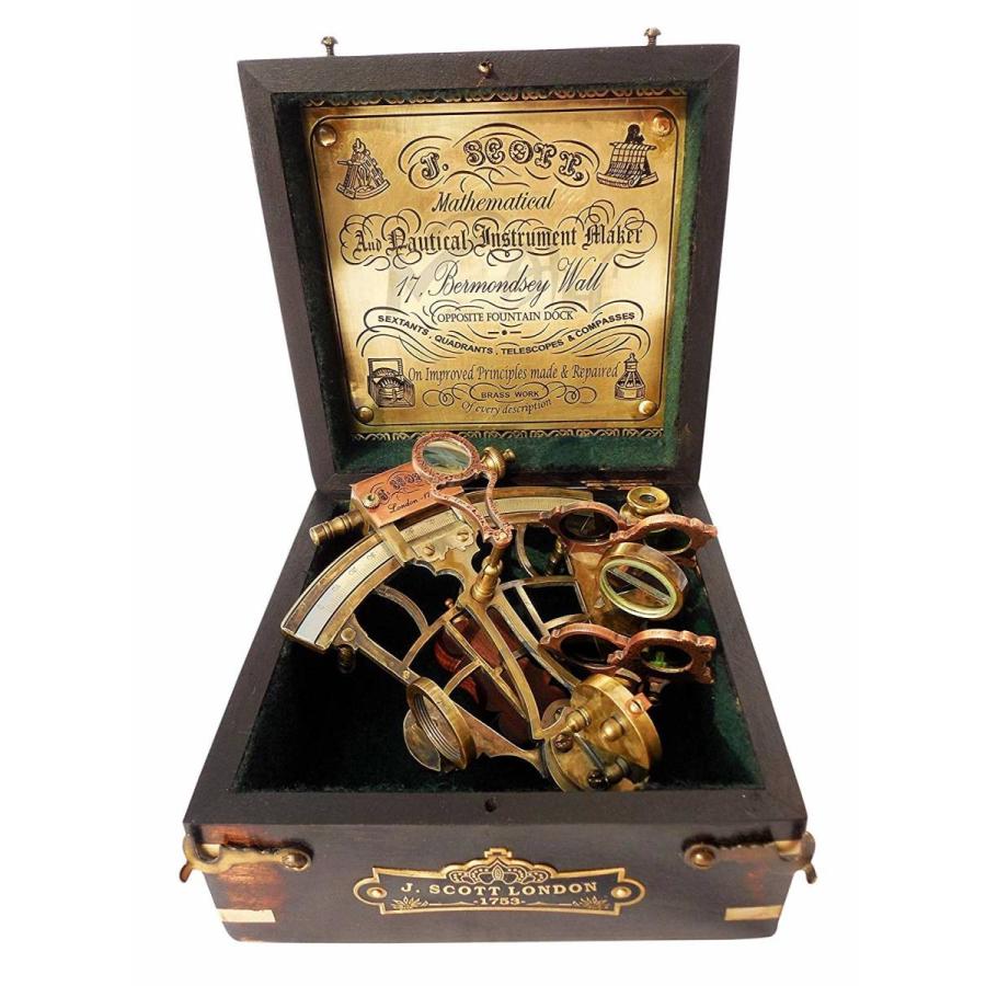 真鍮製 船の航行用 六分儀 ハードウッドボックス(箱)付き 彫刻/ 角距離