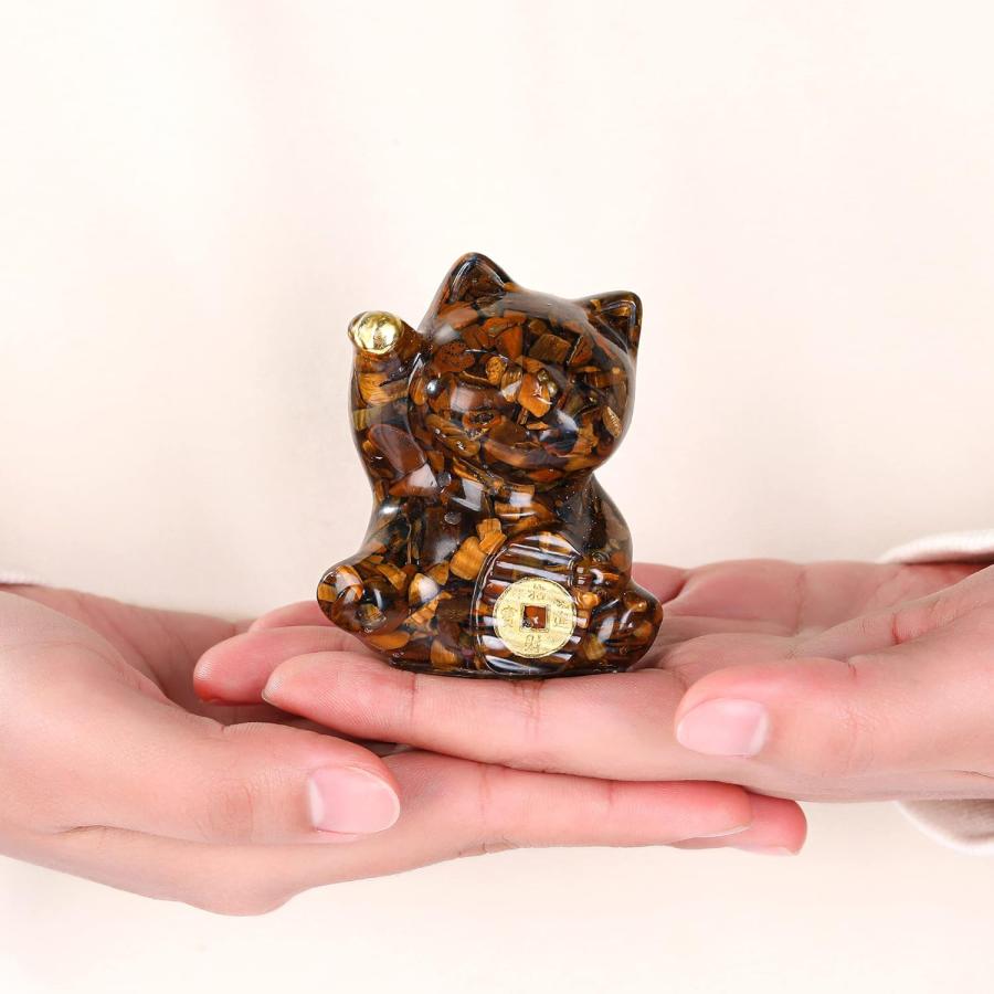タイガーアイ ブラウンラッキーキャット幸運のネコ猫置物お金猫彫像