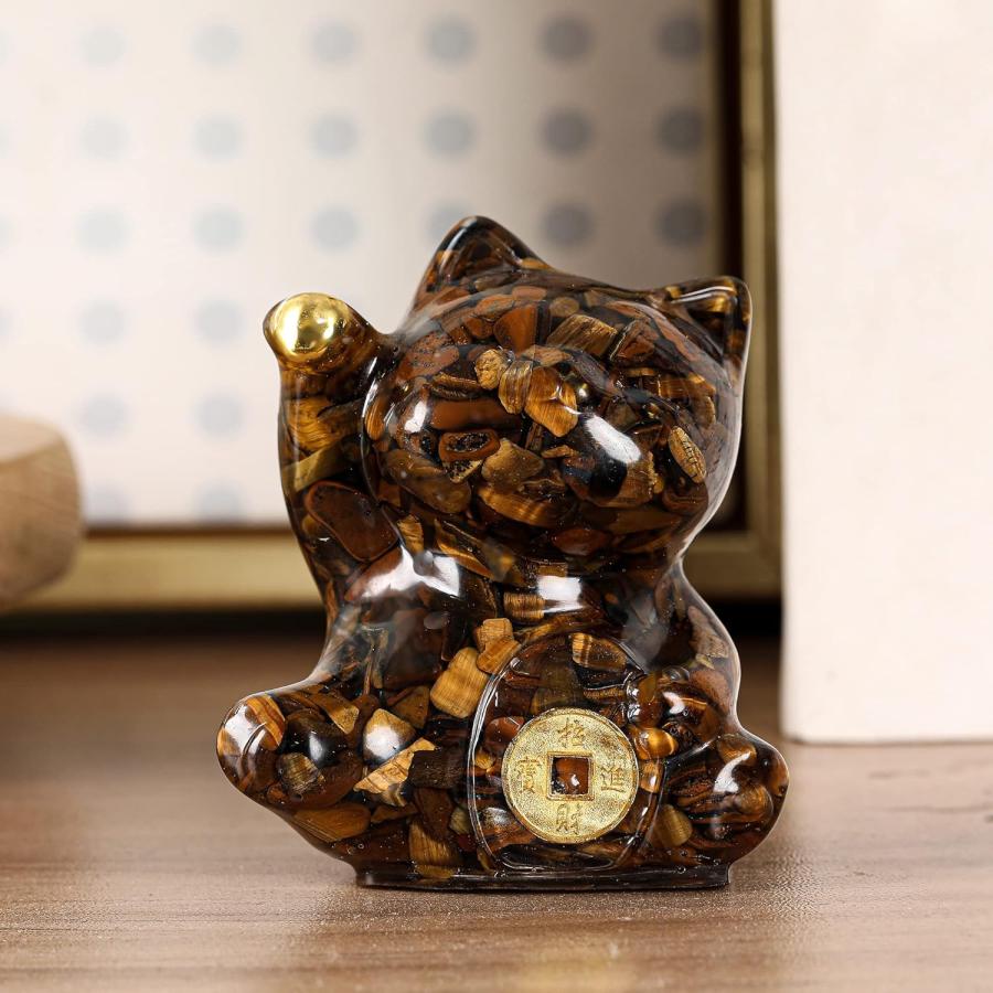 タイガーアイ ブラウンラッキーキャット幸運のネコ猫置物お金猫彫像