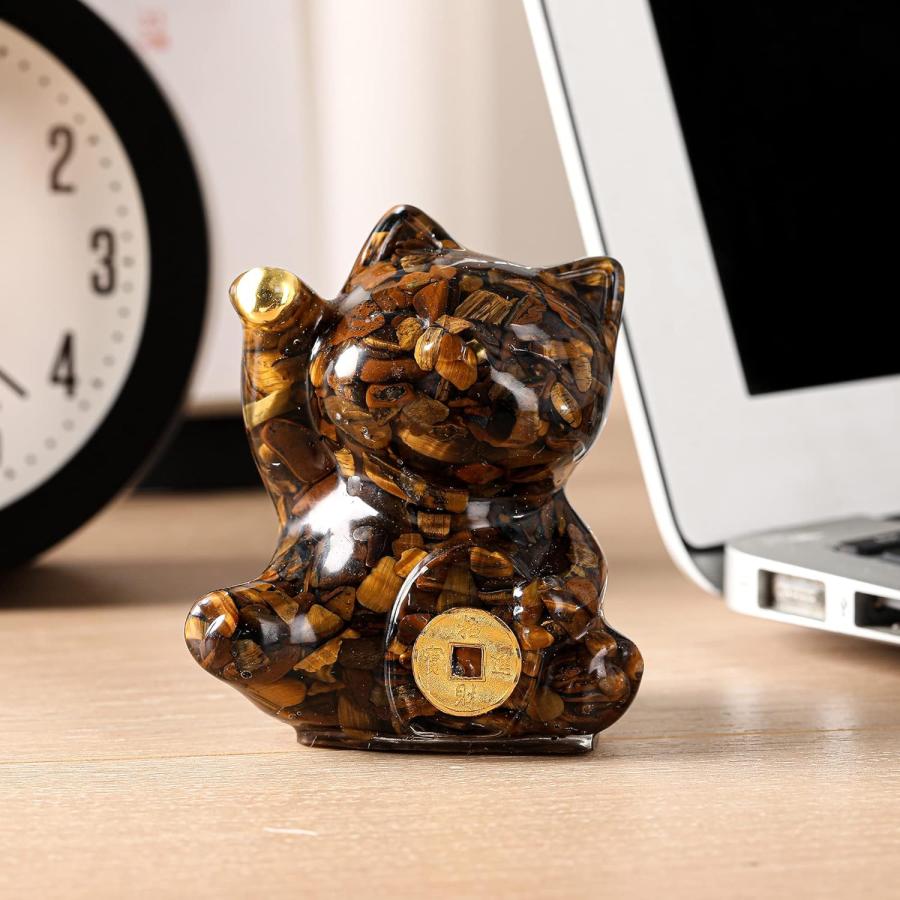 タイガーアイ ブラウンラッキーキャット幸運のネコ猫置物お金猫彫像
