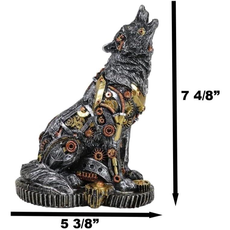 スチームパンク遠吼えするシルバー ロボットオオカミ狼彫像時計じかけ