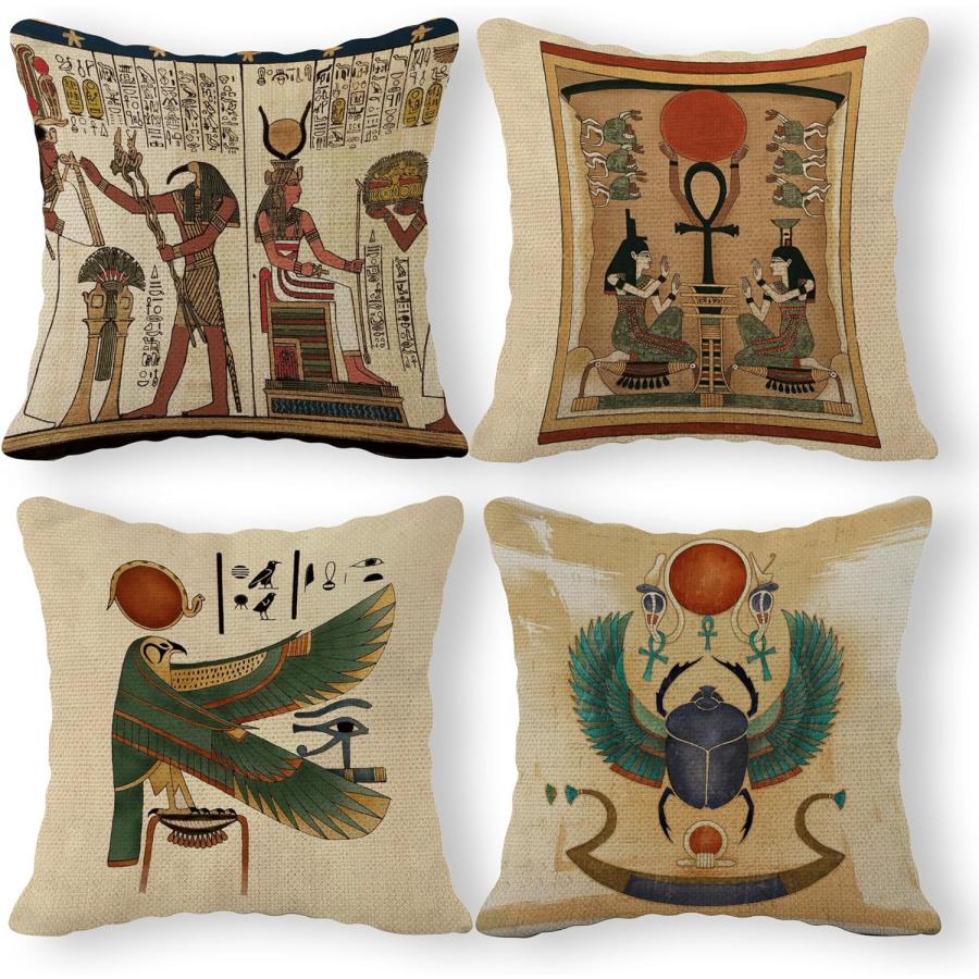 古代エジプト柄クッションカバーホルス/ファルコン/太陽神ラーリネンスローピローケース45.7cm4枚セットソファベッド輸入品 | 