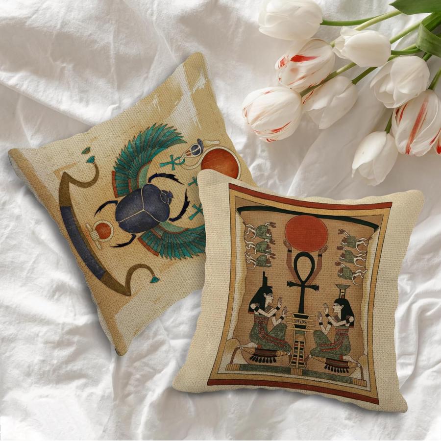 古代エジプト柄クッションカバーホルス/ファルコン/太陽神ラーリネンスローピローケース45.7cm4枚セットソファベッド輸入品 |  | 02