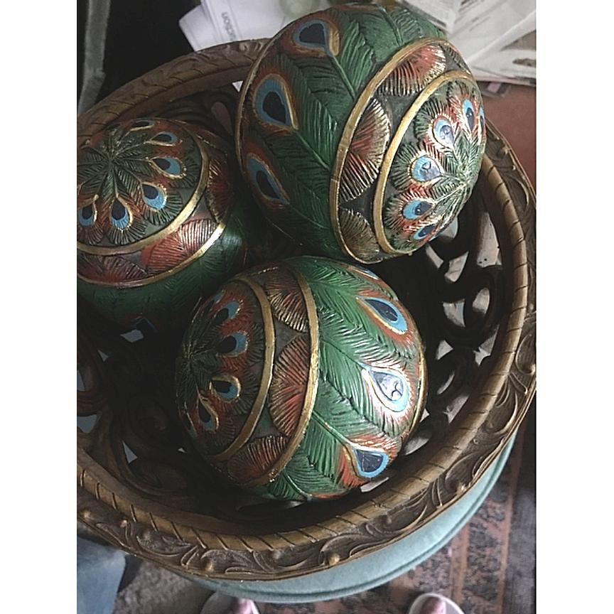 孔雀の羽のオーブ宝珠装飾アクセントボール3個セット彫像アールデコ