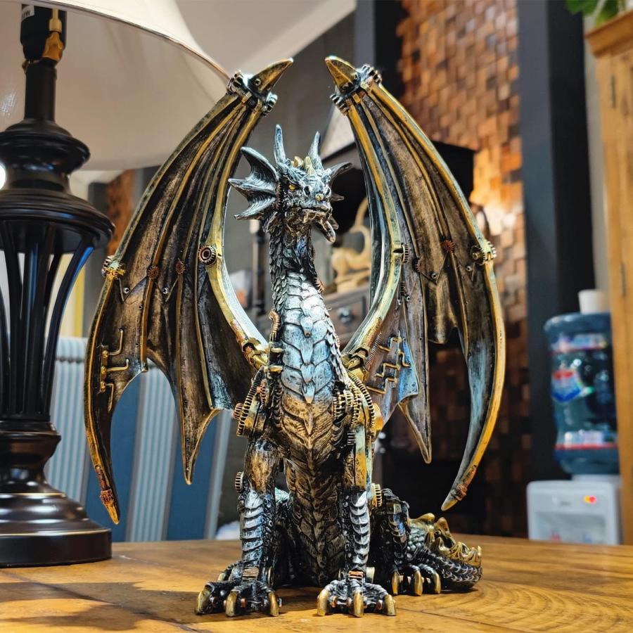 金属製ドラゴン彫刻 約30cm スチームパンク風座るドラゴン彫像メタリック風樹脂彫刻装飾高さ