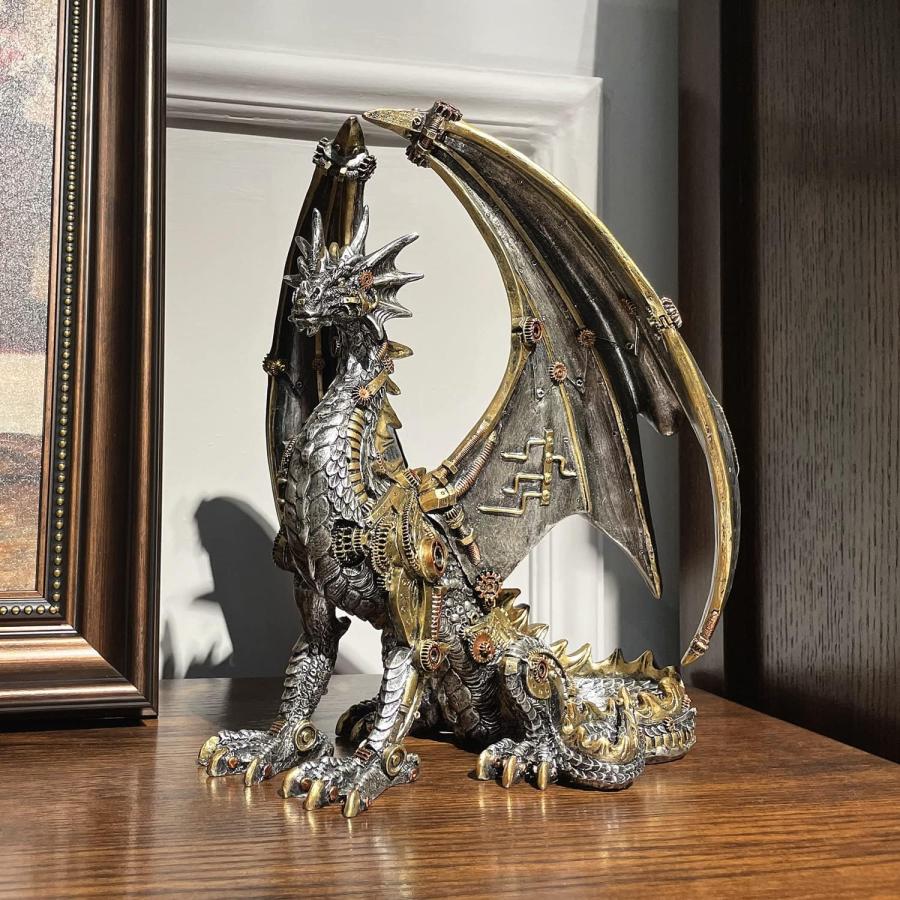 スチームパンク風座るドラゴン彫像メタリック風樹脂彫刻装飾高さ スチームパンク風座るドラゴン彫像メタリック風樹脂彫刻装飾高さ