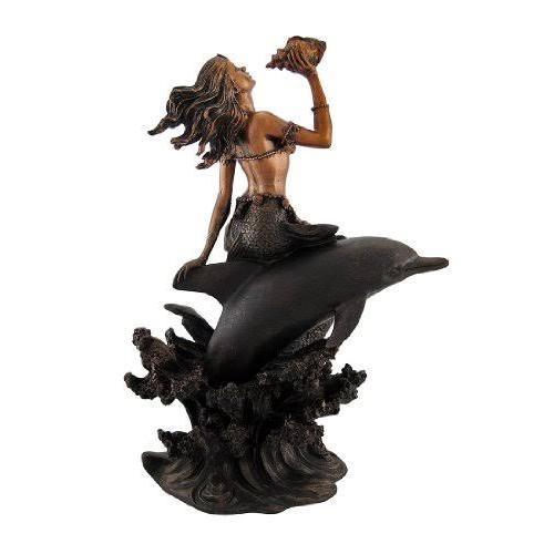 人魚と貝殻の彫刻 約30cm ホラ貝を持ってイルカに乗る人魚マーメイド彫像-装飾彫刻